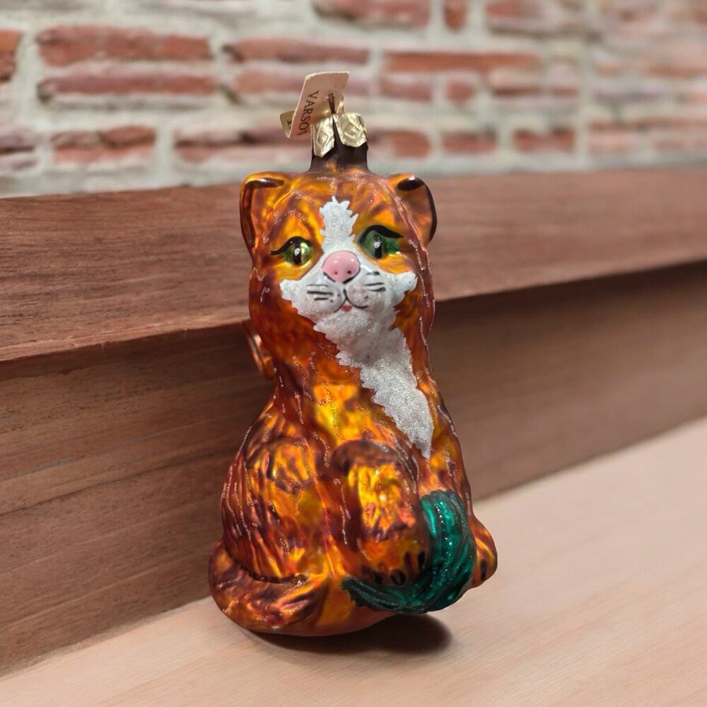 NWT Vintage Varsovia Poland Hand Blown European Christmas Cat Ornament